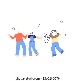 Dancing Music People, African American Saxophone Player. Man Woman Admire Moving Jazz Music Fans Crowd, Musician Performing On Stage. Cartoon Jazz Party Music Festival Flat Vector Illustration