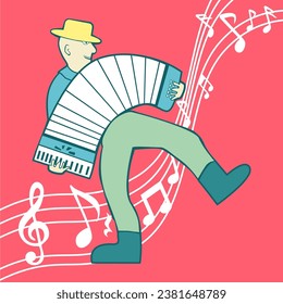Dancing musician playing accordion on red background with musical notes