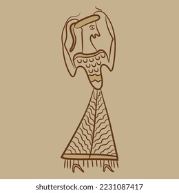Dancing Mycenaean woman. Standing funny ancient Greek lady wearing long dress and turban. Ethnic Cretan Minoan art. Monochrome silhouette.