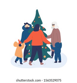 Dancing near Christmas tree vector illustration. Traditional New Year circle dance near fir tree. Parents, grandmother, kids celebrating Xmas together cartoon characters. Winter holidays festival fun.