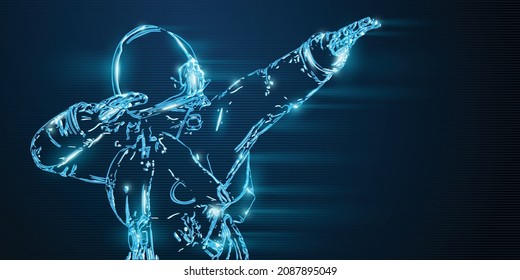 Dancing neon astronaut on the blue background of the moon and space. Vector illustration