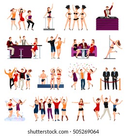 Dancing Night Club Sexy Girls Strip Show  And Alcohol Cocktails Drinks Flat Icons Collection Isolated Vector Illustration 