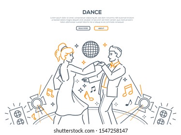 Dancing in nightclub linear landing page template. Man and woman in elegant clothes on disco stage thin line illustration. Dance contest webpage layout. Romantic date, hobby, leisure idea