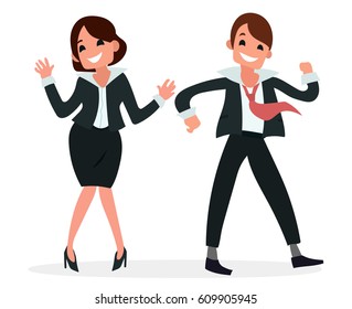 Dancing office workers in business suits. Joying for weekend. Salary increase. Vector cartoon illustration in flat style.