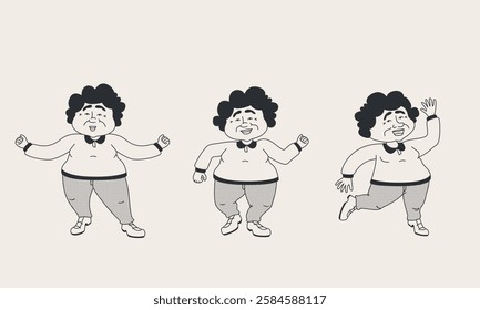 Dancing old lady. Set of illustrations with happy pensioner in doodle style.