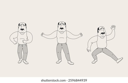Dancing old man. Set of illustrations with male character in doodle style.