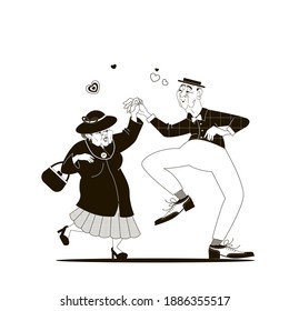 dancing old people, grandparents, active lifestyle in old age, relationship, black and white sketch, vector illustration