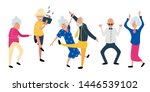 Dancing old people. Happy Aged women and men on the party. Laughing grandfather with recorder player  and music. Funky flat cartoon style. Vector illustration. 