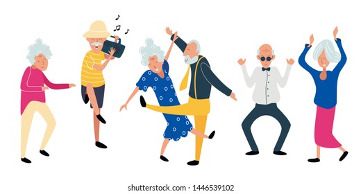 Dancing old people. Happy Aged women and men on the party. Laughing grandfather with recorder player  and music. Funky flat cartoon style. Vector illustration. 