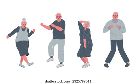 Dancing older people. Cheerful retirees. Old men and old women rejoice and dance. Positive elderly people. Vector illustration