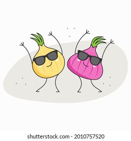 Dancing onion character cartoon happy vegetables emotions icon logo modern style vector illustration.