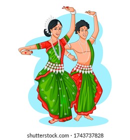 Dancing Oriya couple doing Odissi dance from Odisha of India in vector