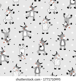 Dancing Ox and Stars Vector Seamless pattern. Background with Cartoon Doodle Funny Cute Bull or Cow. Happy Chinese New Year Background 2021 Year of Ox Chinese Zodiac Sign