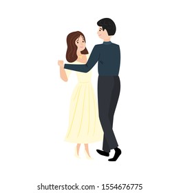 Dancing pair of brunette elegant man and girl in a long yellow dress. Vector illustration in flat cartoon style.
