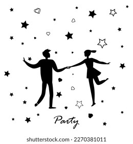 Dancing pair.  Man and women in the dance. Night party. Romantic pair.  Love, romantic theme. Cartoon silhouette vector illustration. Art poster, modern trendy style.