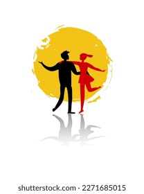 Dancing pair.  Man and women in the dance.  Romantic pair.  Love, romantic theme. Cartoon silhouette vector illustration. Art poster, modern trendy style.