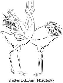 Dancing pair of Red-crowned cranes. Line drawing. Vector