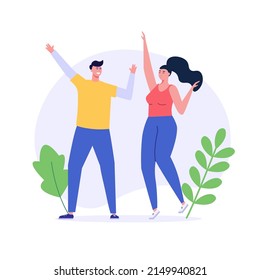 Dancing party concept. People at a picnic dancing outdoors. Barbecue party banners with dancing people at picnic on white background. Vector illustration.