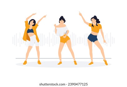 Baile, fiesta, discoteca, bailarina de ruptura, celebración. Grupo de jóvenes bailarines felices escuchando música con audífonos y audífonos. ilustración de concepto de diversidad