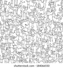 Dancing party seamless pattern with doodled youngsters having fun in black and white. Illustration is in eps8 vector mode, background on separate layer. 