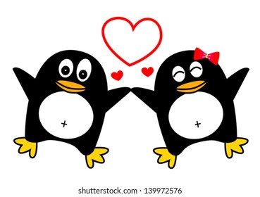 Dancing penguin couple with heart shown, illustrator