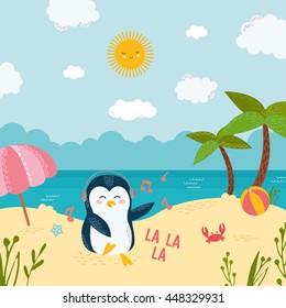 Dancing penguin on the beach. Cute cartoon illustration with palm trees, sun and sea. Funny animals character. Happy summer vacation.