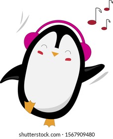 Dancing penguin vector. Christmas penguin listening to music in headphones illustration.