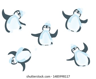 Dancing penguins vector set. Cutie cartoon characters in motion. Kawaii style penguins. Adorable baby birds design. Funny arctic mamal collection. Editable elements isolated on white