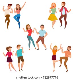 Dancing people 5 young couples party and street style moves cartoon icons composition poster isolated vector illustration 