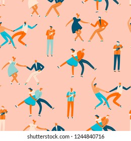 Dancing people in 50s retro style seamless pattern in vector. Cartoon romantic characters activity illustration.