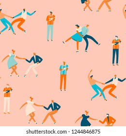 Dancing people in 50s retro style seamless pattern in vector. Cartoon romantic characters activity illustration.