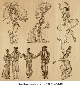 Dancing People around the World (vector pack no.3). Collection of an hand drawn illustrations (originals). Each drawing comprises of two layers of outlines, the colored background is isolated. 