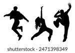 Dancing people black silhouettes. Teenagers, Young girl and boy dancing street dance, hip hop at party or night club. Outline vector drawing isolated on white background.