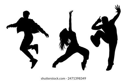 Dancing people black silhouettes. Teenagers, Young girl and boy dancing street dance, hip hop at party or night club. Outline vector drawing isolated on white background.