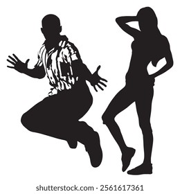 Dancing people black silhouettes. Teenagers, Young girl and boy dancing street dance, hip hop at party or night club. Outline vector drawing isolated on white background.