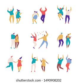 Dancing people cartoon characters.  Men and women having fun at party. Crowd of young people  dancing at club or music concert. Flat colorful vector charcters isolated on white background