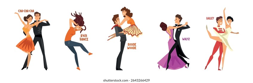 Dancing People Character Performing Different Dance Vector Set