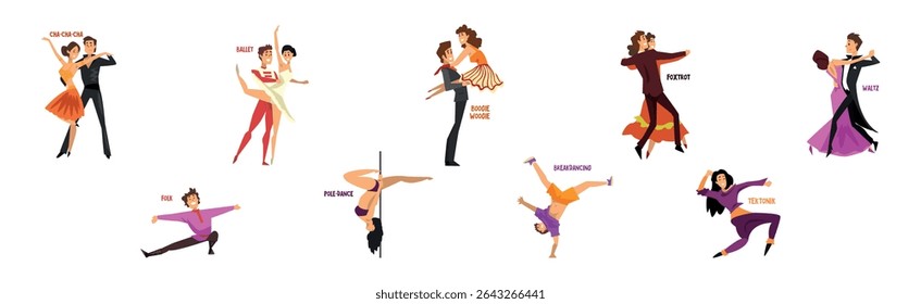Dancing People Character Performing Different Dance Vector Set