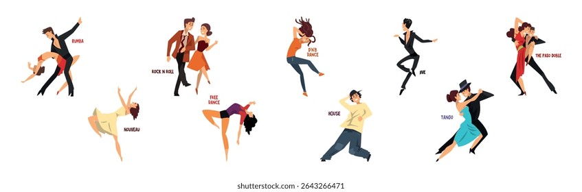 Dancing People Character Performing Different Dance Vector Set