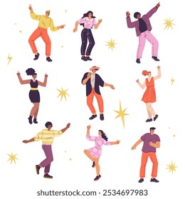 Dancing People Character in Rhythmic Movement Pose Vector Set