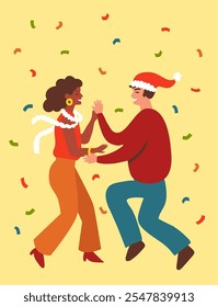 Dancing people. Christmas party. Vector Illustration in Trendy Retro style for Cards, Posters, Covers, Seasonal Decor