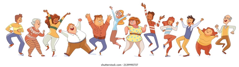 Dancing people. Colorful cartoon characters. Funny vector illustration. Isolated on white background. Seamless panorama. Set