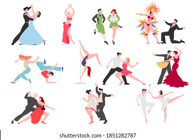 Dancing people couples, contemporary and classical choreography, vector dancers performers cartoon characters set. Male and female dance at school, studio, colourful illustration isolated on white.