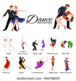 Dancing People, Dancer Bachata, Hiphop, Salsa, Indian, Ballet, Strip, Rock and Roll, Break, Flamenco, Tango, Contemporary, Belly Dance Pictogram Icon style of design concept set