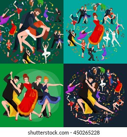 Dancing People, Dancer Bachata, Hiphop, Salsa, Indian, Ballet, Strip, Rock and Roll, Break, Flamenco, Tango, Contemporary, Belly Dance Pictogram Icon style of design concept set