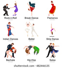 Dancing People, Dancer Bachata, Hiphop, Salsa, Indian, Ballet, Strip, Roch and Roll, Break, Flamenco, Tango, Contemporary, Belly Dance Pictogram Icon design concept vector illustration set