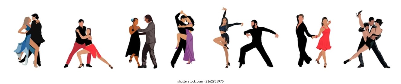 Dancing People, Dancer Bachata, Salsa, Flamenco, Tango, Latina Dance. Set of people in different dance poses. Cartoon style flat vector illustrations isolated in white background.