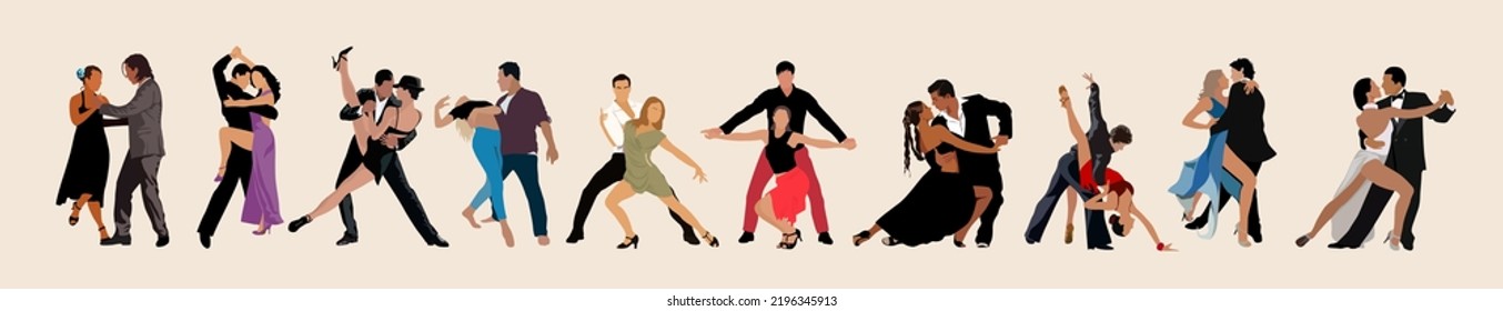 Dancing People, Dancer Bachata, Salsa, Flamenco, Tango, Latina Dance. Set of people in different dance poses. Cartoon style flat vector illustrations isolated in white background.