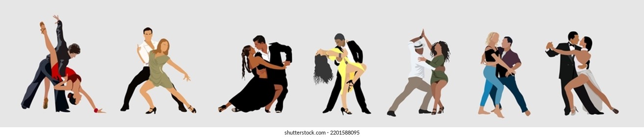 Tanzende Menschen, Tänzer Bachata, Salsa, Flamenco, Tango, Latina Tanz. Gruppe von Menschen in verschiedenen Tanzposien. Vektorgrafiken im Cartoon-Stil, realistische Illustrationen einzeln auf weißem Hintergrund. 