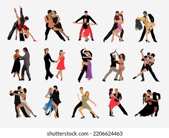 Dancing People, Dancer Bachata, Salsa, Flamenco, Tango, Latina Dance. Set of people in different dance poses. Bundle of Cartoon style flat vector illustrations isolated in white background.